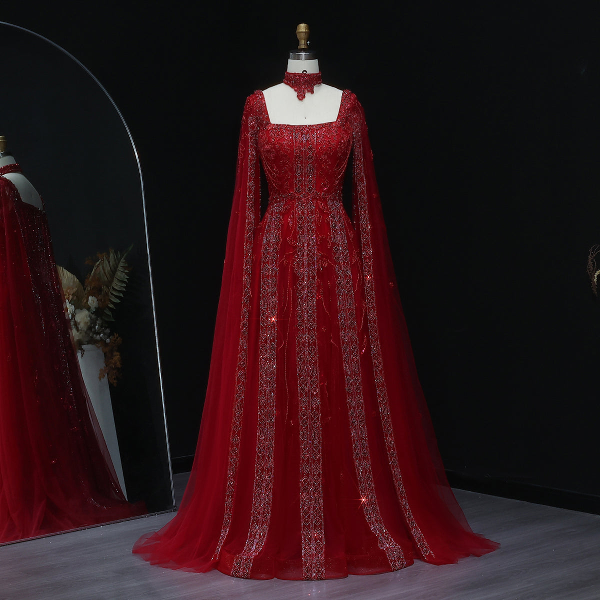 Luxury Beaded Burgundy Evening Dress with Cape Sleeve SS543