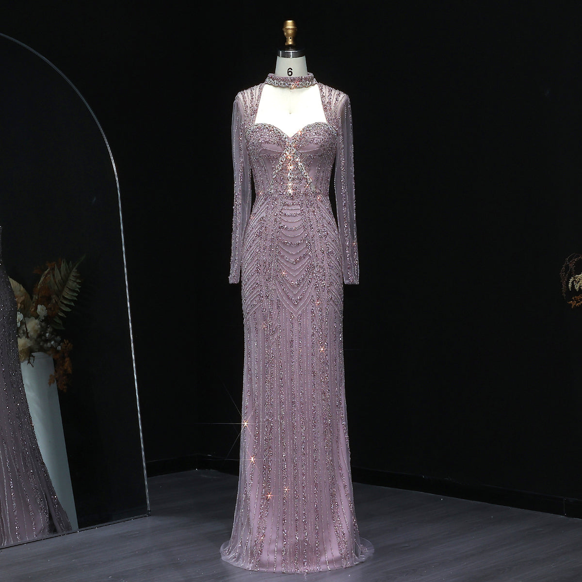 Glamorous Beaded Pink Long Sleeves Evening Dress SS065