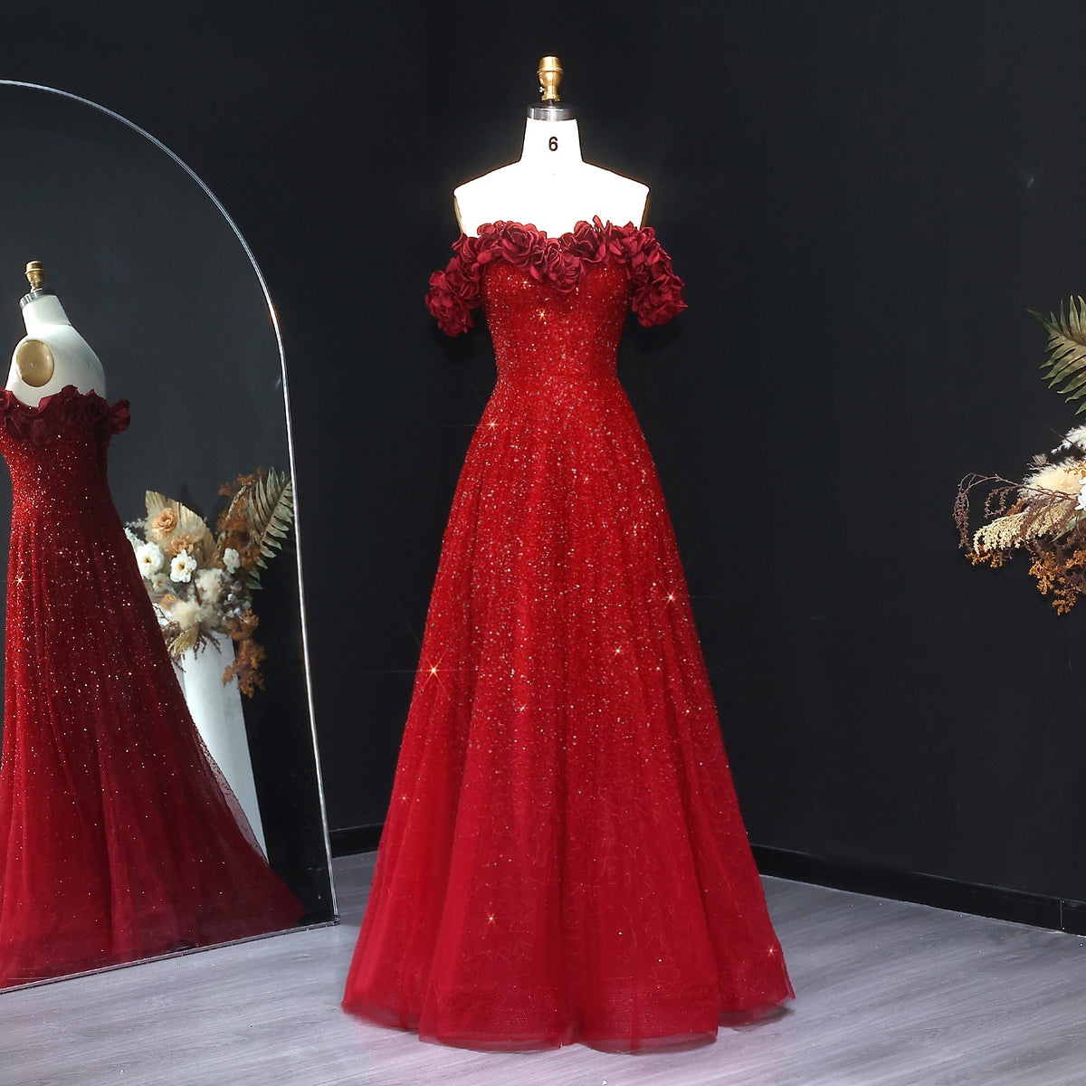 Stunning Burgundy Strapless 3D Flower Evening Dress SS491