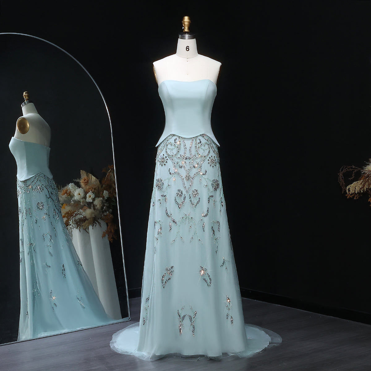 Luxury Sage Green Strapless Evening Dress SS254