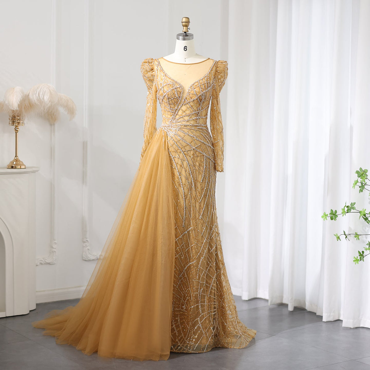 Luxury Beaded Gold Mermaid Evening Dress with Overskirt SS048