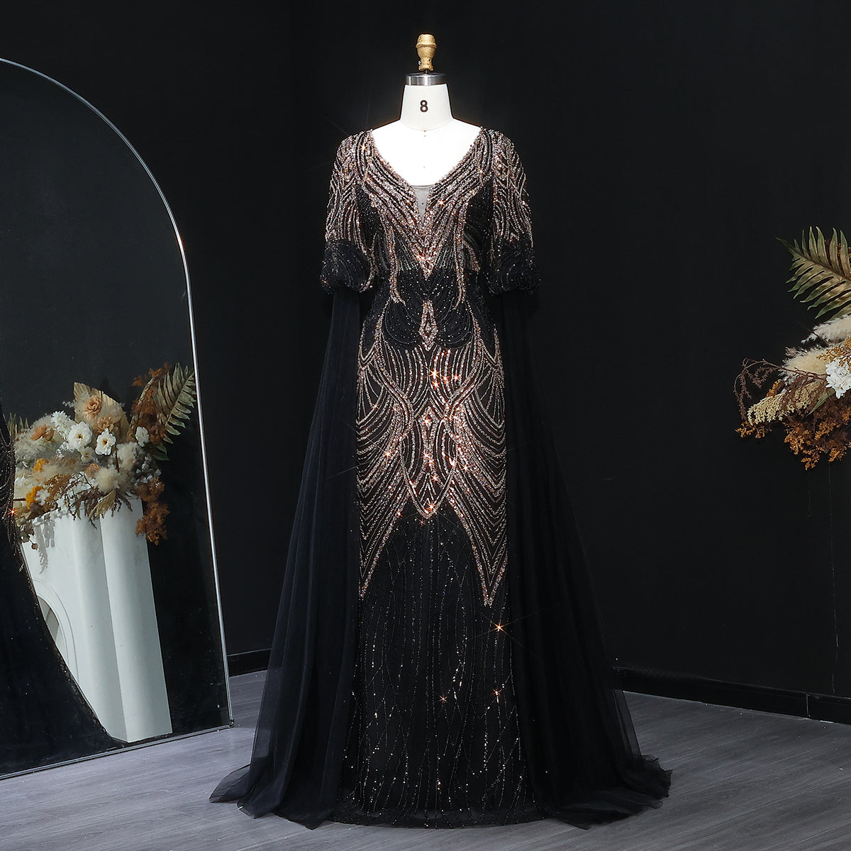 Sparkly Black Embellished Lace Evening Dress with Flowing Sleeve SS038