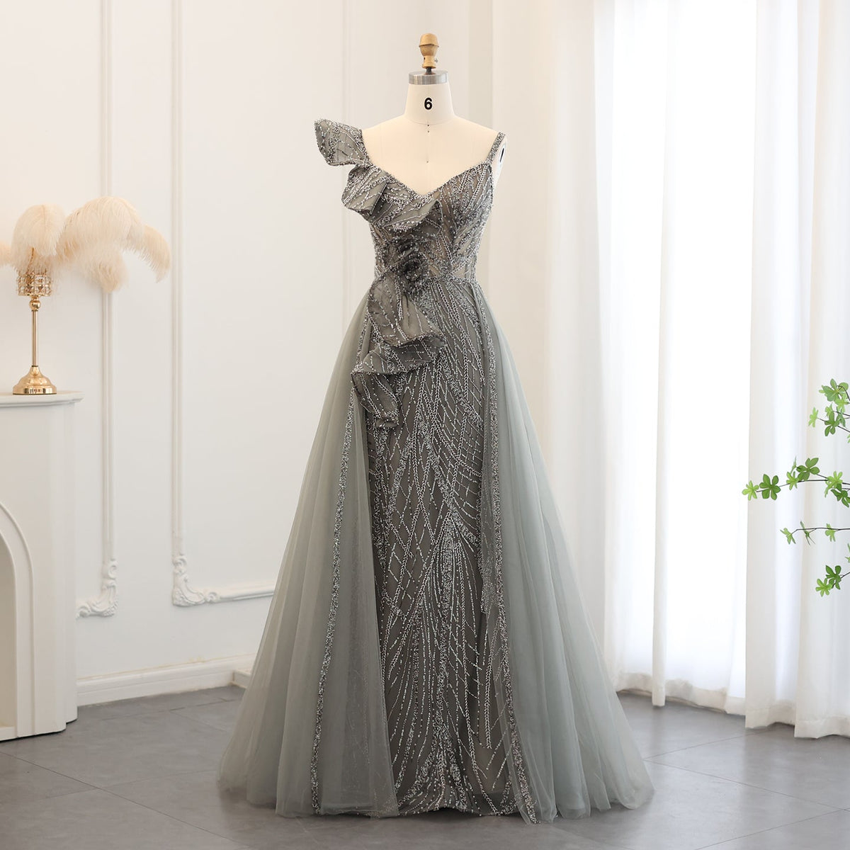 Elegant Gray Green Mermaid Evening Dress with Overskirt SS095