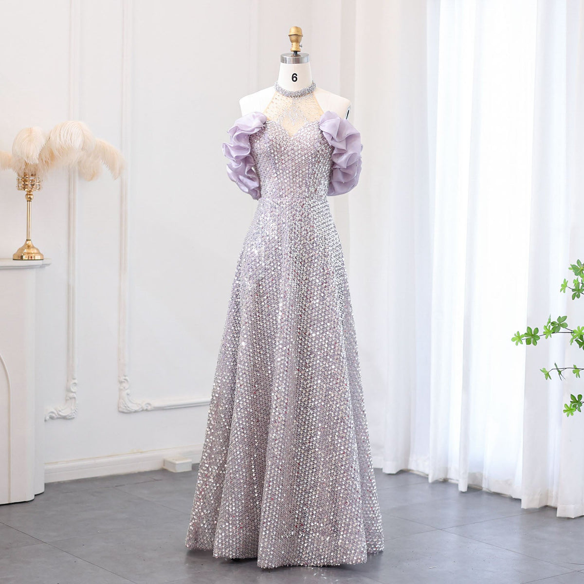 Sparkly Beaded Purple Off Shoulder A-Line Sequin Evening Dress SS715