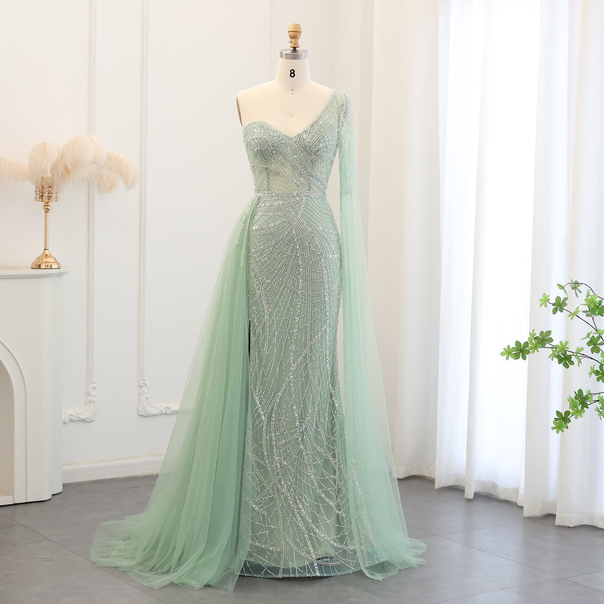 Luxury Mermaid Sage Green Evening Dress with Cape Sleeves SS054