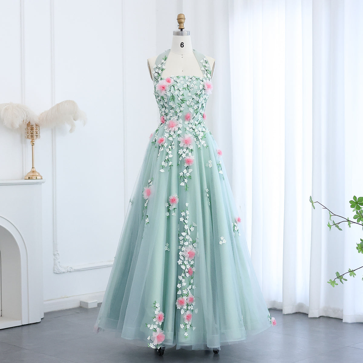 Elegant 3D flowers Aqua A-Line Evening Dress with Sleeveless SF299