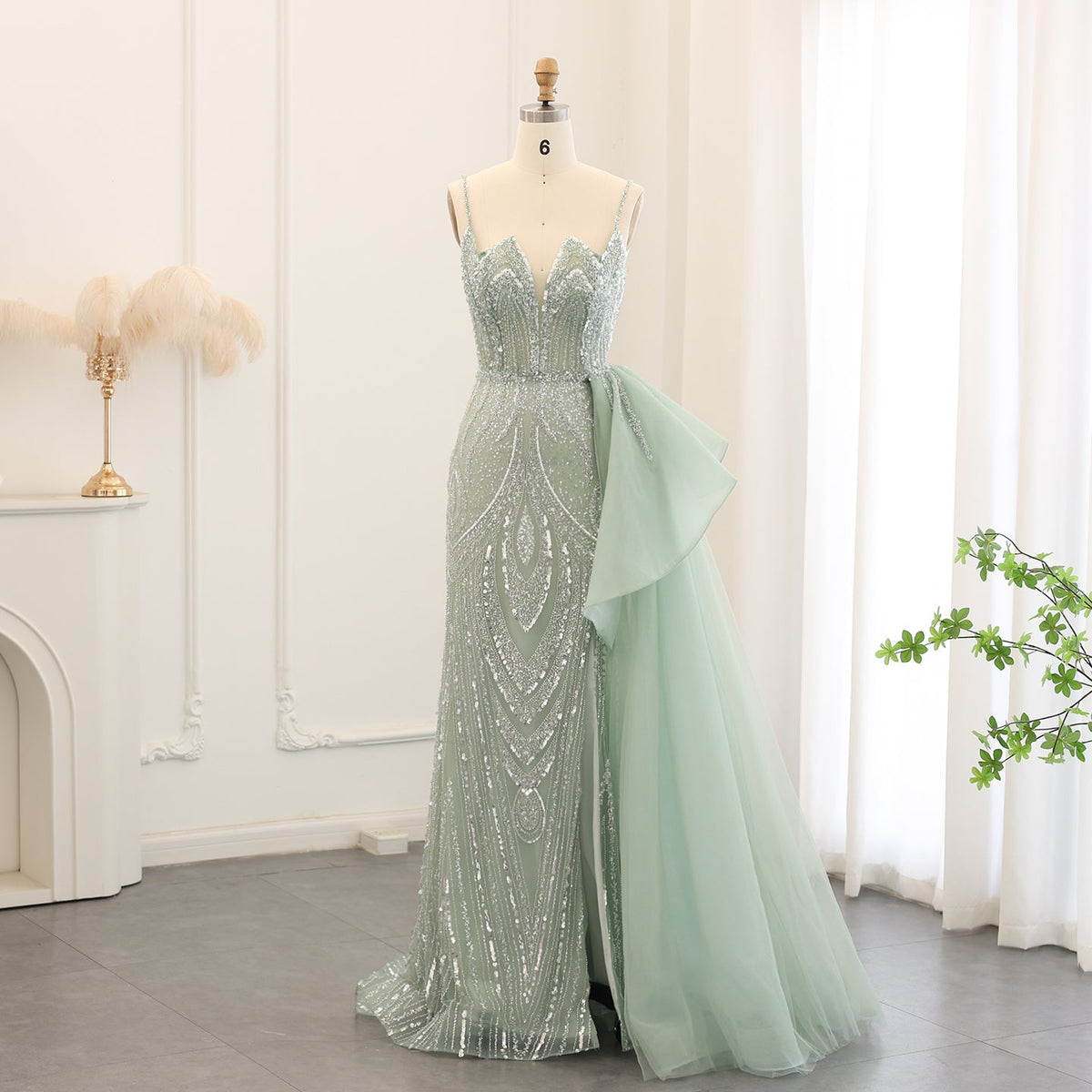 Elegant Crystal Sage Green Evening Dress with Overskirt SS039