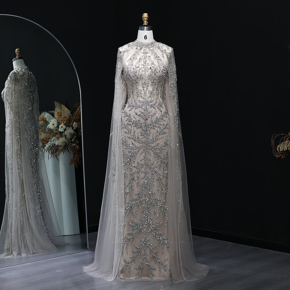 Luxury Beaded Turquoise Evening Dress with Cape Sleeves SS161