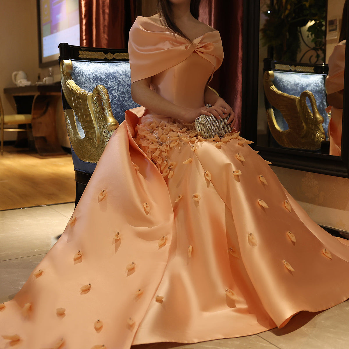 Luxury 3D Flowers Blush Pink Satin Mermaid Evening Dress SS464