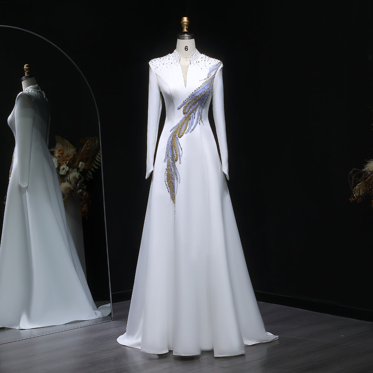 Luxury White Long Sleeve Evening Dress with Embroidery SF385