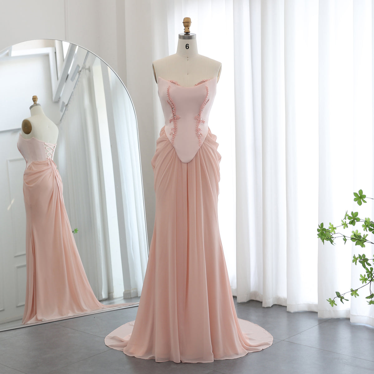 Pink Handmade Draped Strapless Chiffon Mermaid Evening Dress SF306