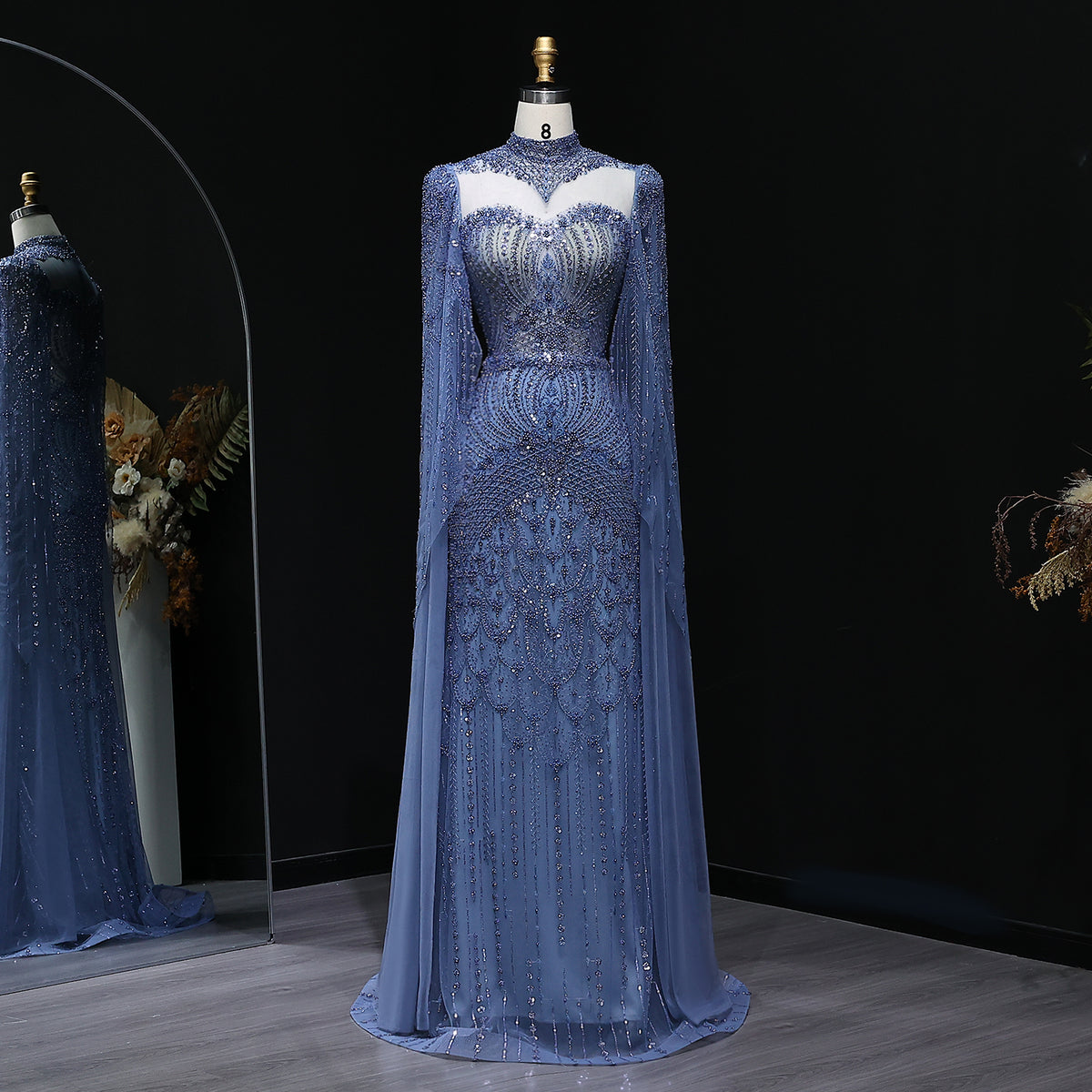 Elegant Beaded Blue Evening Dress with Cape Sleeves SS079