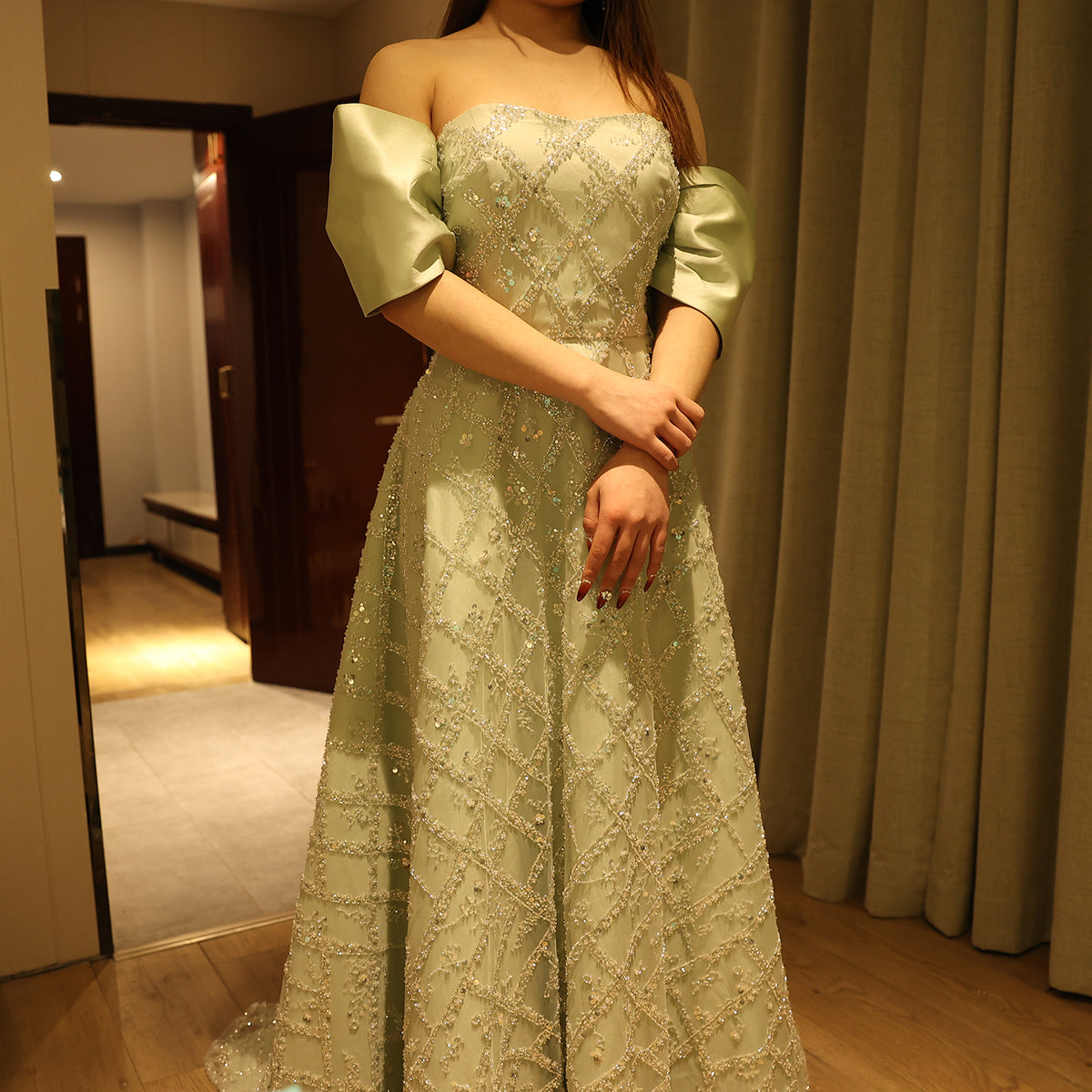 Elegant Sequin Sage Green A-line Strapless Evening Dresses SS427