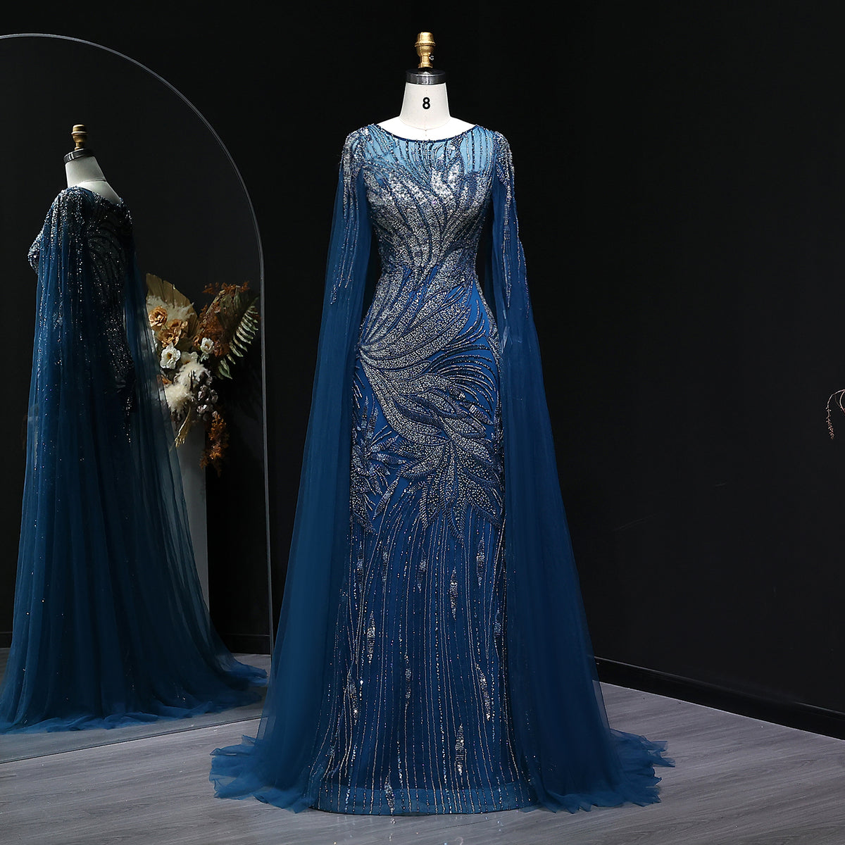 Luxury Blue Beaded Arabic Evening Dress with Cape Sleeve SS057