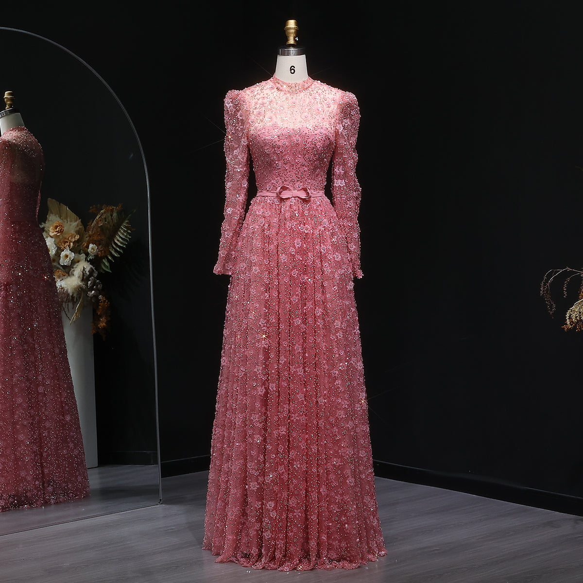 Luxury Delicate Pink 3D Floral Evening Dress with ruffles SS700