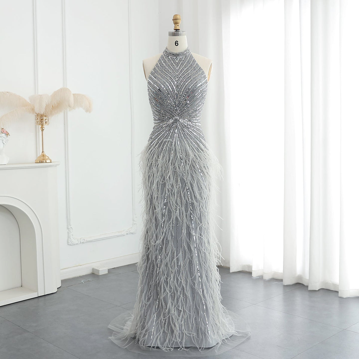Luxury Beaded Feathers Silver Gray Halter Mermaid Evening Dress SS006