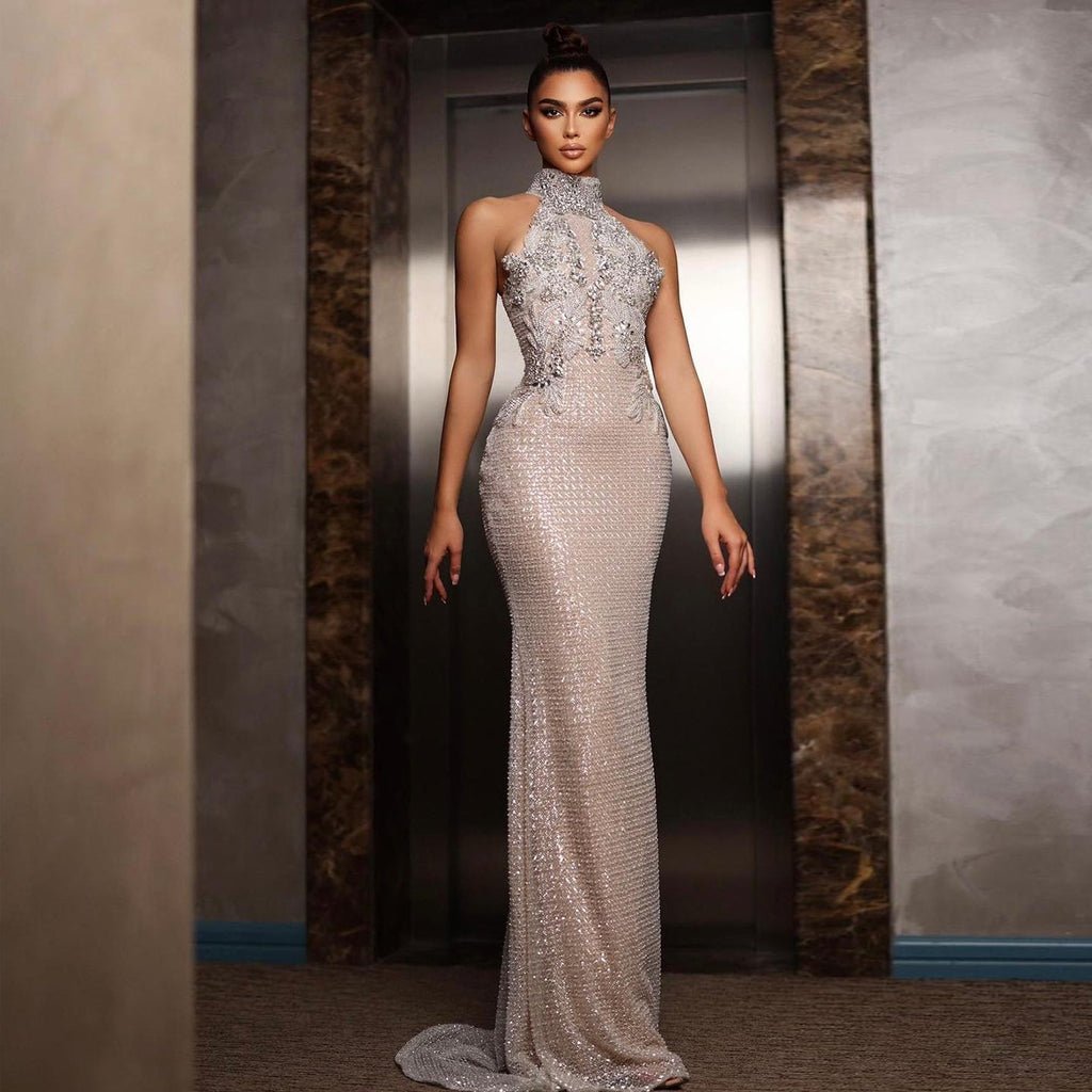 Stephany Halter Embellished Gown (Silver Nude) main image 0
