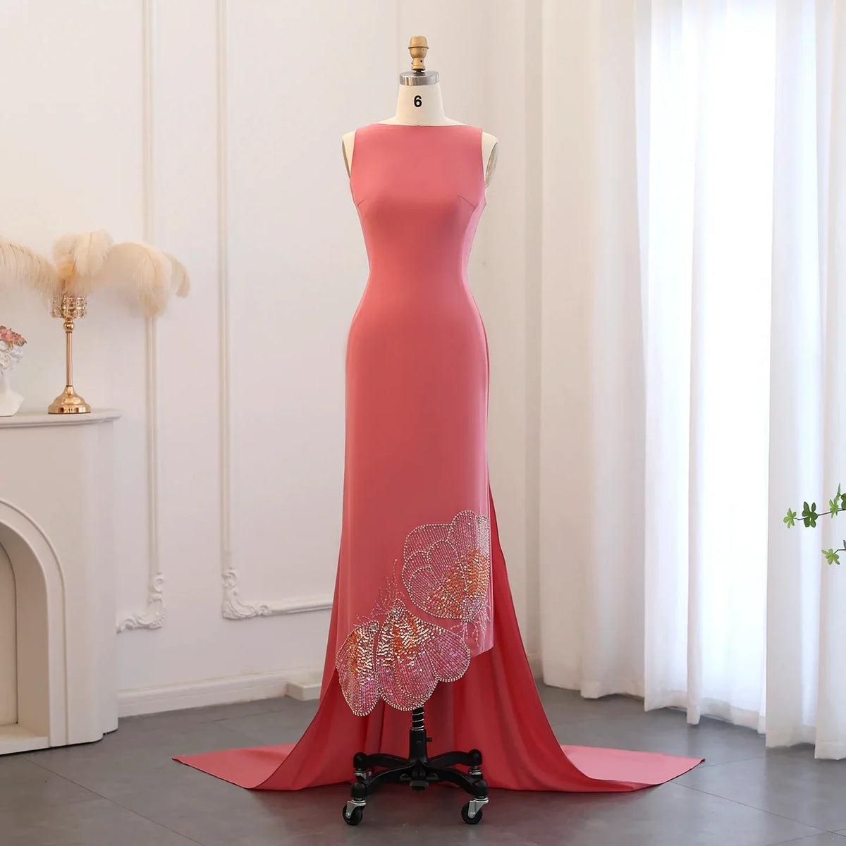 Elegant Beaded Coral Pink Scalloped Evening Dress with Train SS471