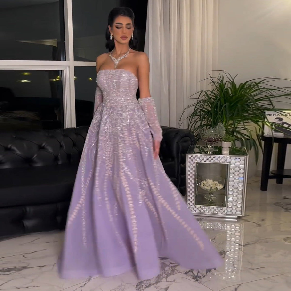Luxury Beaded Lilac A-Line Strapless Evening Dress with Sleeves SS462