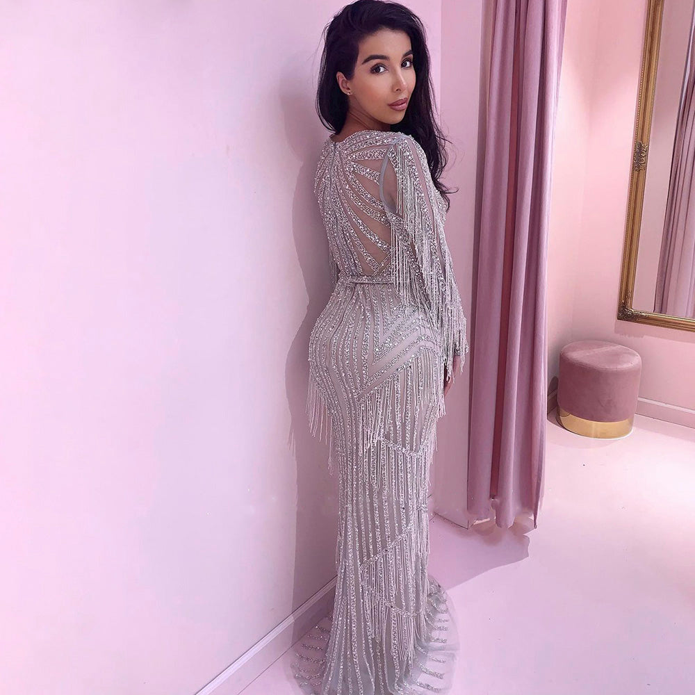 Dreamy Vow Luxury Dubai Tassel Silver Nude Mermaid Evening Dress for Women Wedding Party Long Sleeve African Prom Dresses 214