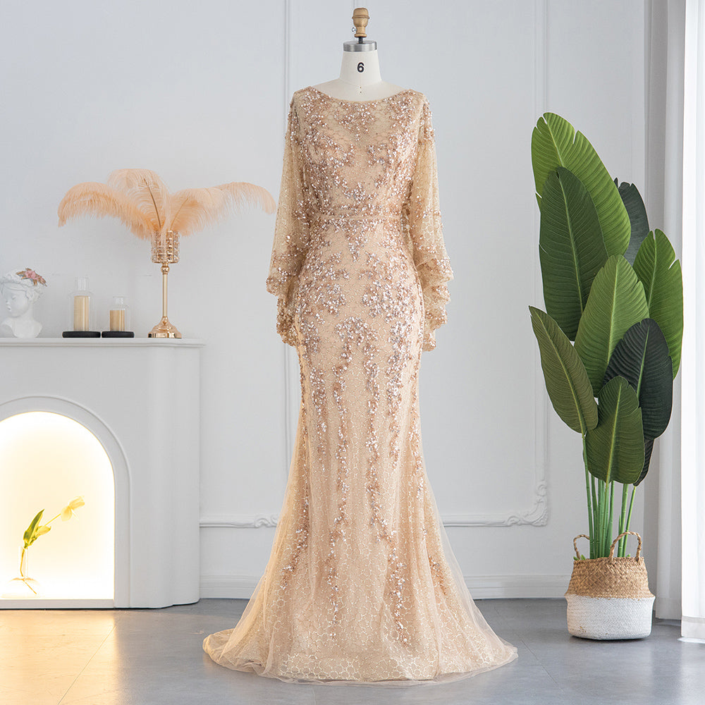Luxury Beaded Gold Mermaid Evening Dresses with Cape SS117