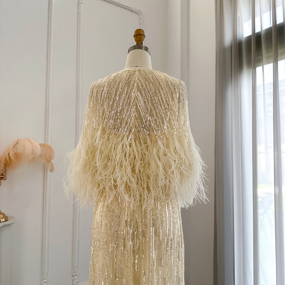 Dreamy Vow Light Yellow Luxury Dubai Feathers Evening Dresses for Women Wedding Party Arabic Purple Formal Prom Gowns 430