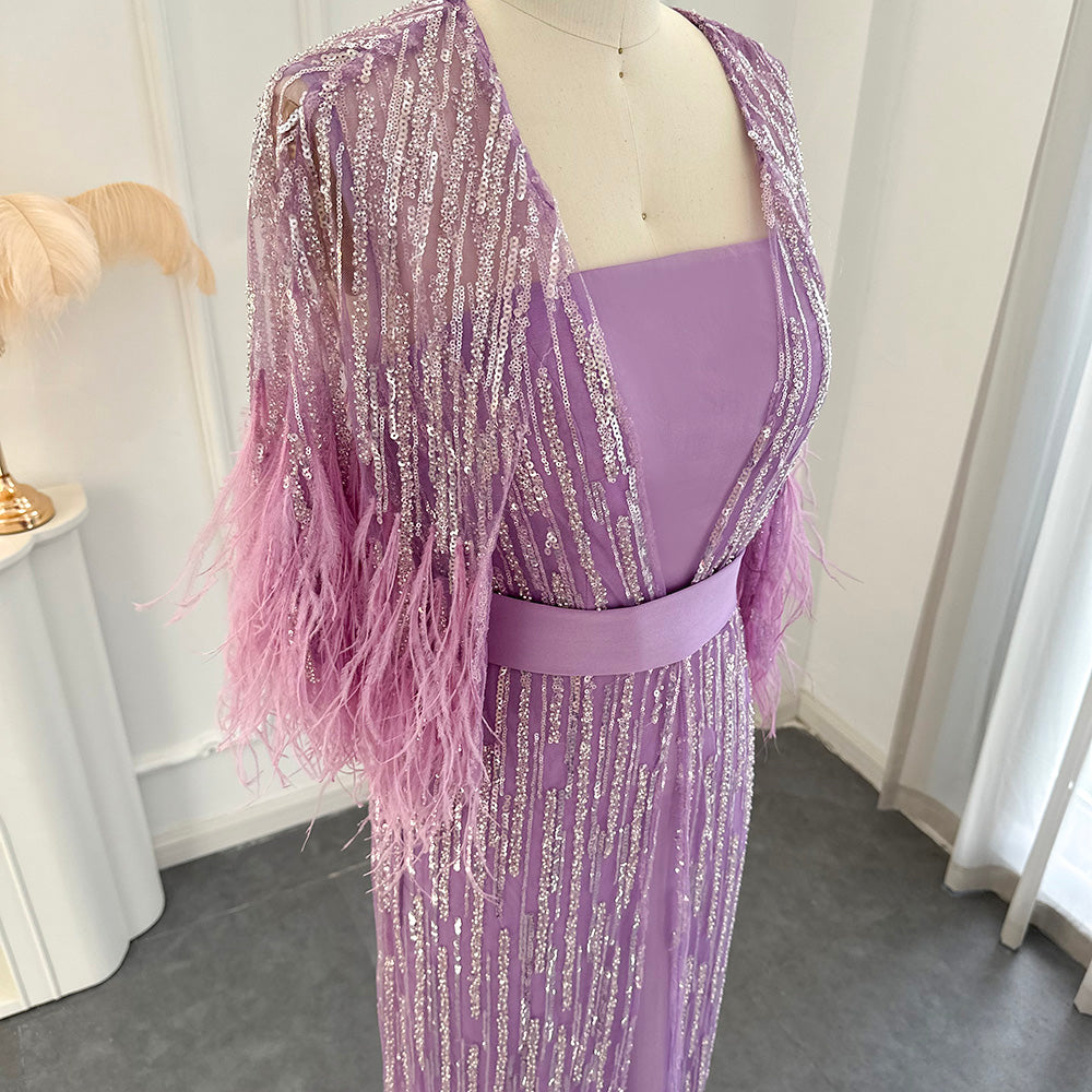 Dreamy Vow Light Yellow Luxury Dubai Feathers Evening Dresses for Women Wedding Party Arabic Purple Formal Prom Gowns 430