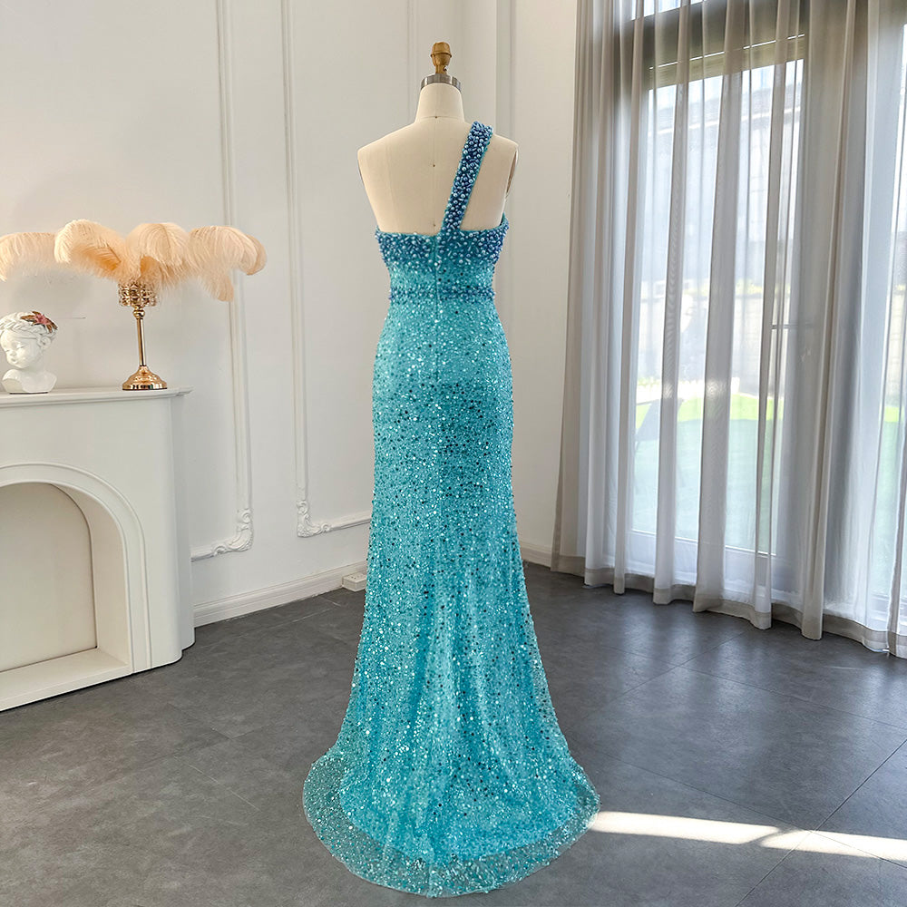 Dreamy Vow Luxury Dubai Turquoise Blue Mermaid Evening Dresses for Women Wedding One Shoulder Arabic Formal Party Gowns 336