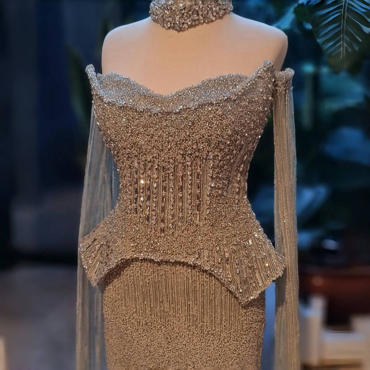 Stunning Crystal Champagne Evening Dress with Cape Sleeves SS558