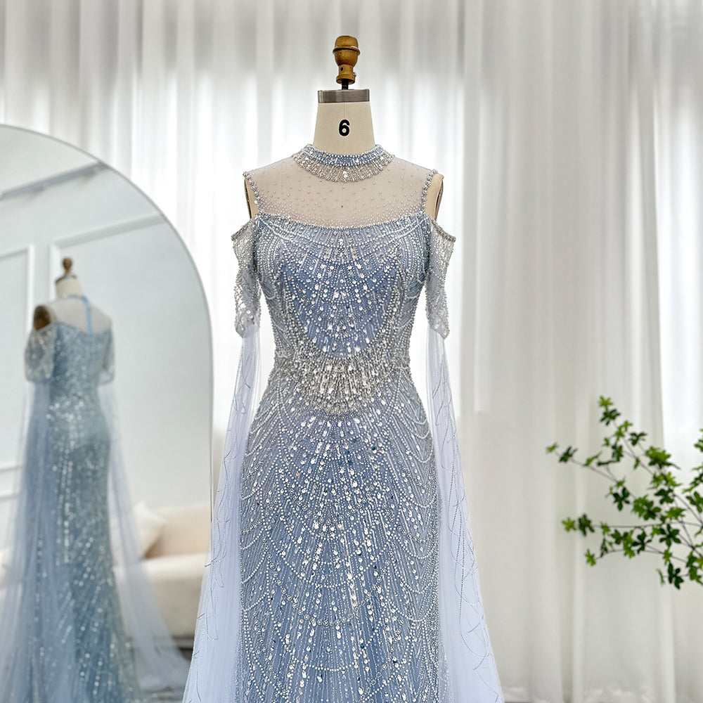 Dreamy Vow Sage Green Mermaid Luxury Dubai Evening Dress with Cape Sleeves Elegant Women Purple Wedding Formal Party Gown 205