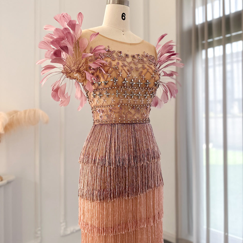 Dreamy Vow Luxury Feathers Tassel Lilac Dubai Evening Dresses for Women Wedding Party Arab Ankle Length Midi Formal Gowns 379