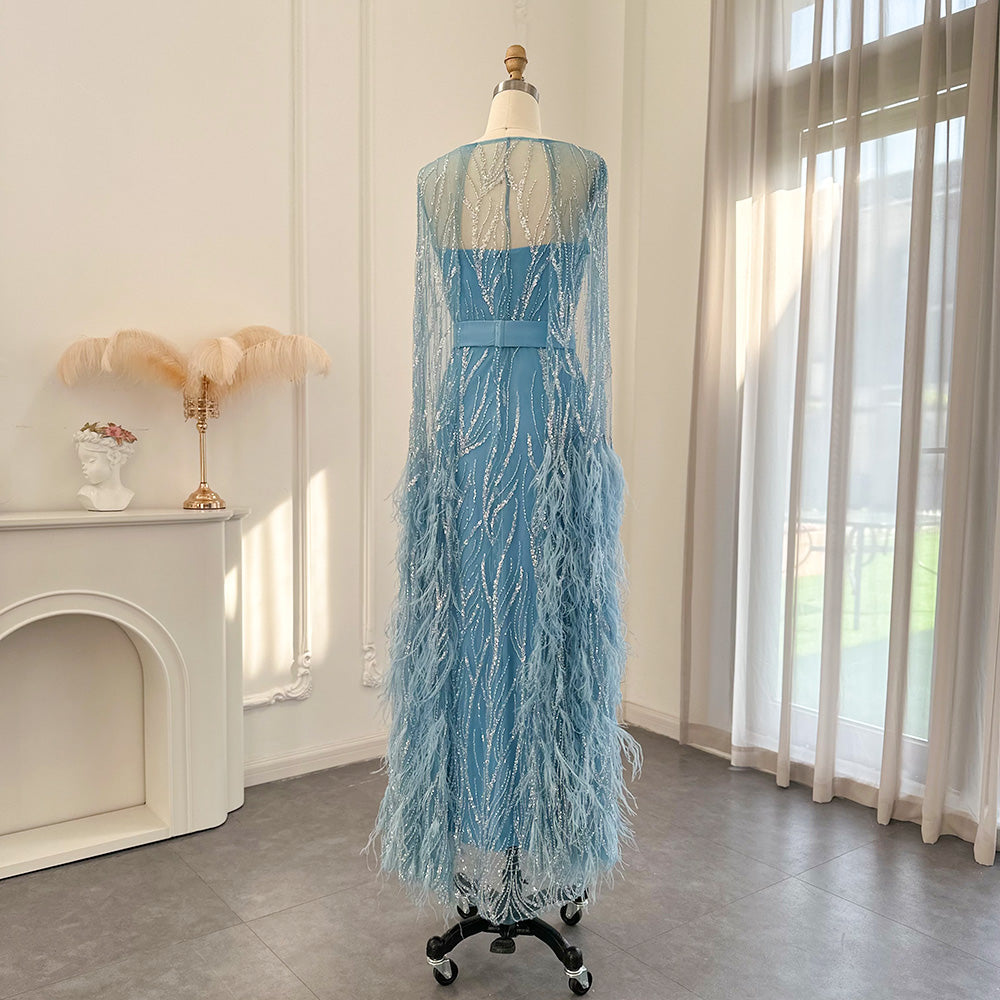 DreamyVow Luxury Dubai Feathers Light Yellow Evening Dresses with Cape Sleeves Arabic Purple Women Wedding Party Gowns 420