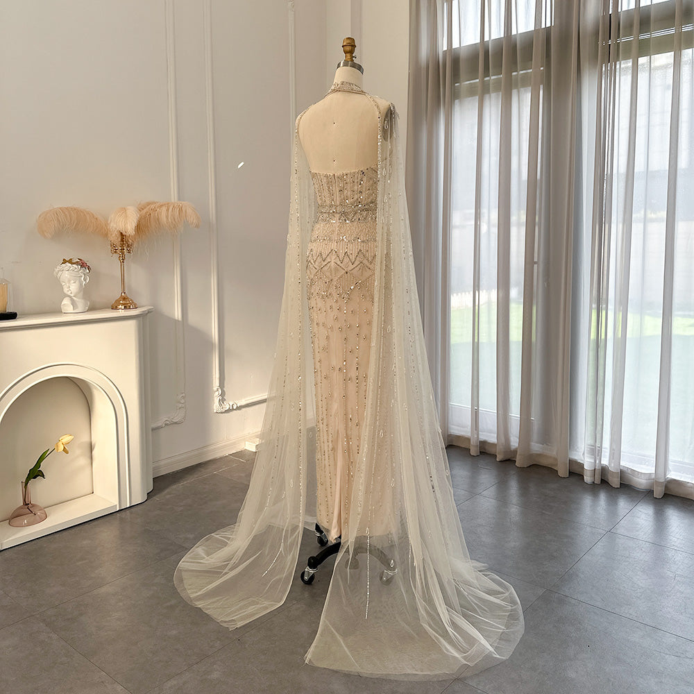 DreamyVow Luxury Dubai Mermaid Pink Evening Dresses with Cape Sleeves 2023 Arabic Women Wedding Guest Formal Party Gowns 361