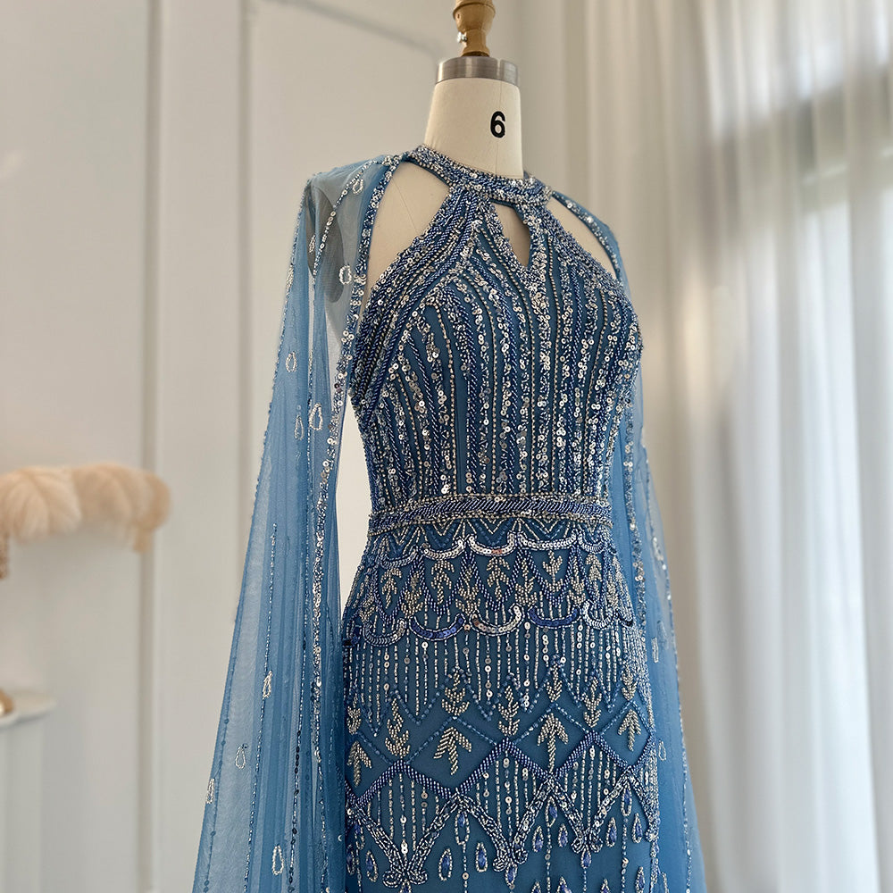 DreamyVow Luxury Dubai Mermaid Pink Evening Dresses with Cape Sleeves 2023 Arabic Women Wedding Guest Formal Party Gowns 361