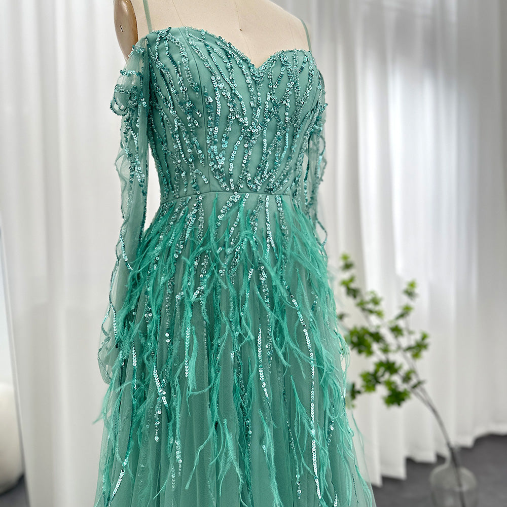 Dreamy Vow Luxury Dubai Feathers Lilac Evening Dresses for Women Wedding Elegant Emerald Green Arabic Formal Party Gowns 351