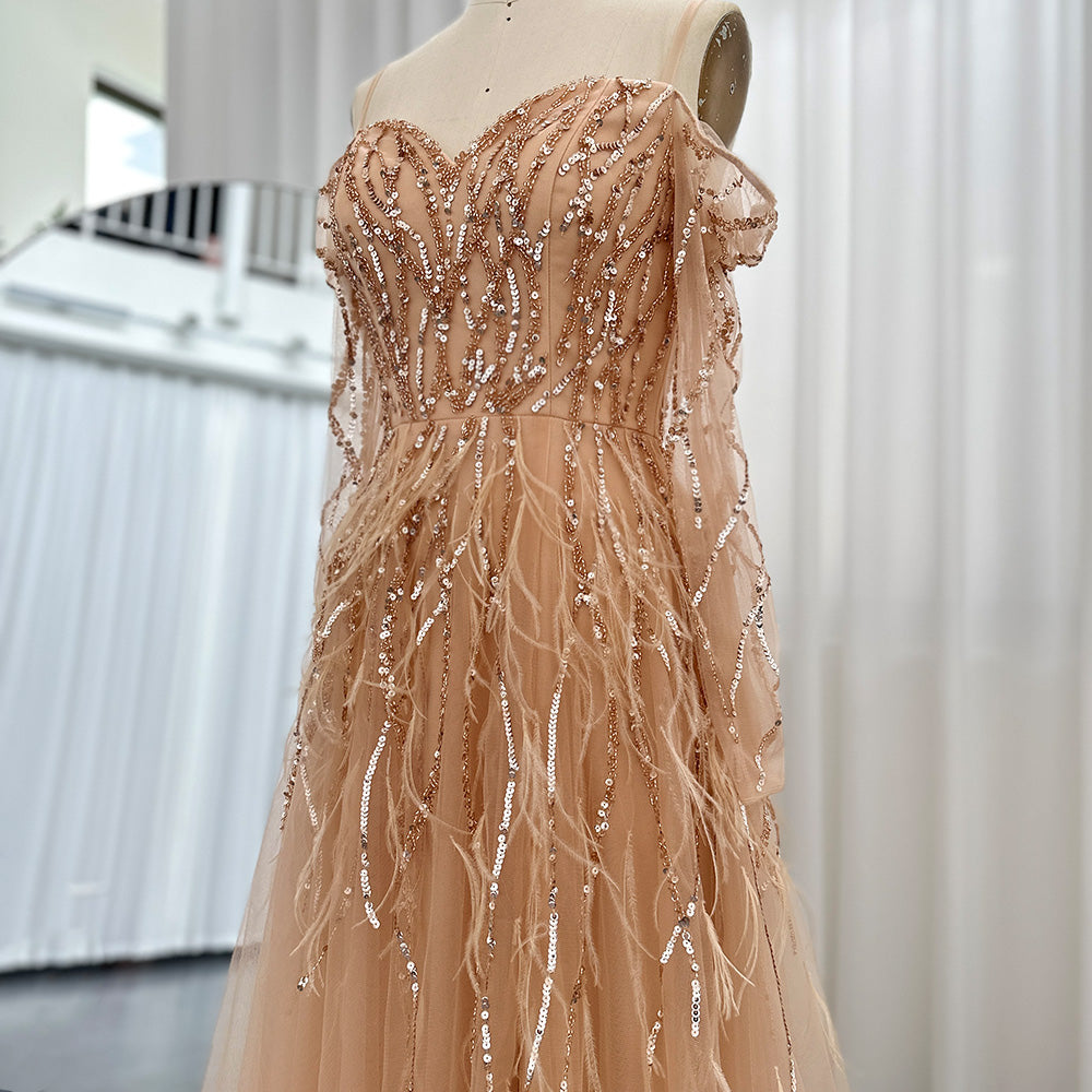 Dreamy Vow Luxury Dubai Feathers Lilac Evening Dresses for Women Wedding Elegant Emerald Green Arabic Formal Party Gowns 351