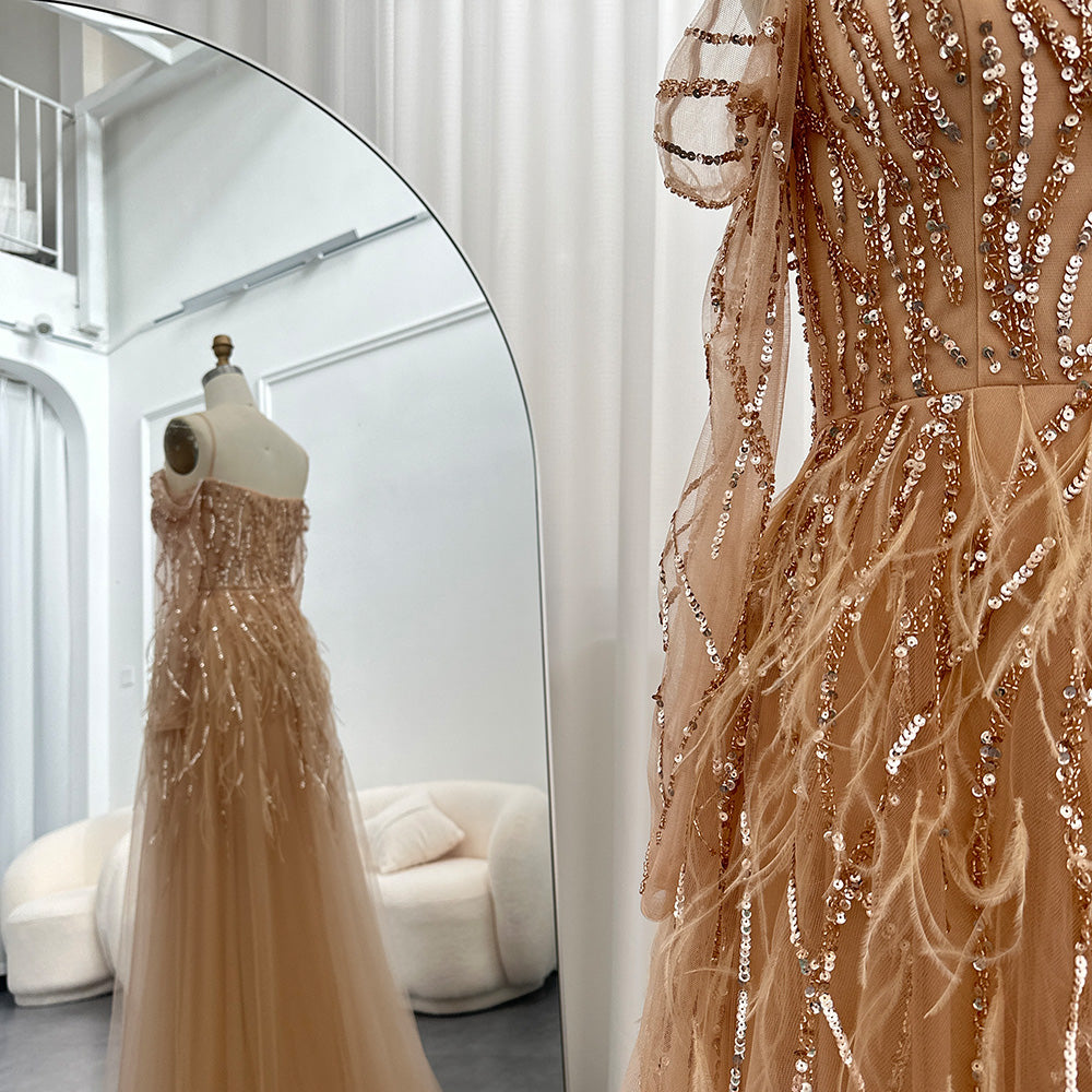 Dreamy Vow Luxury Dubai Feathers Lilac Evening Dresses for Women Wedding Elegant Emerald Green Arabic Formal Party Gowns 351