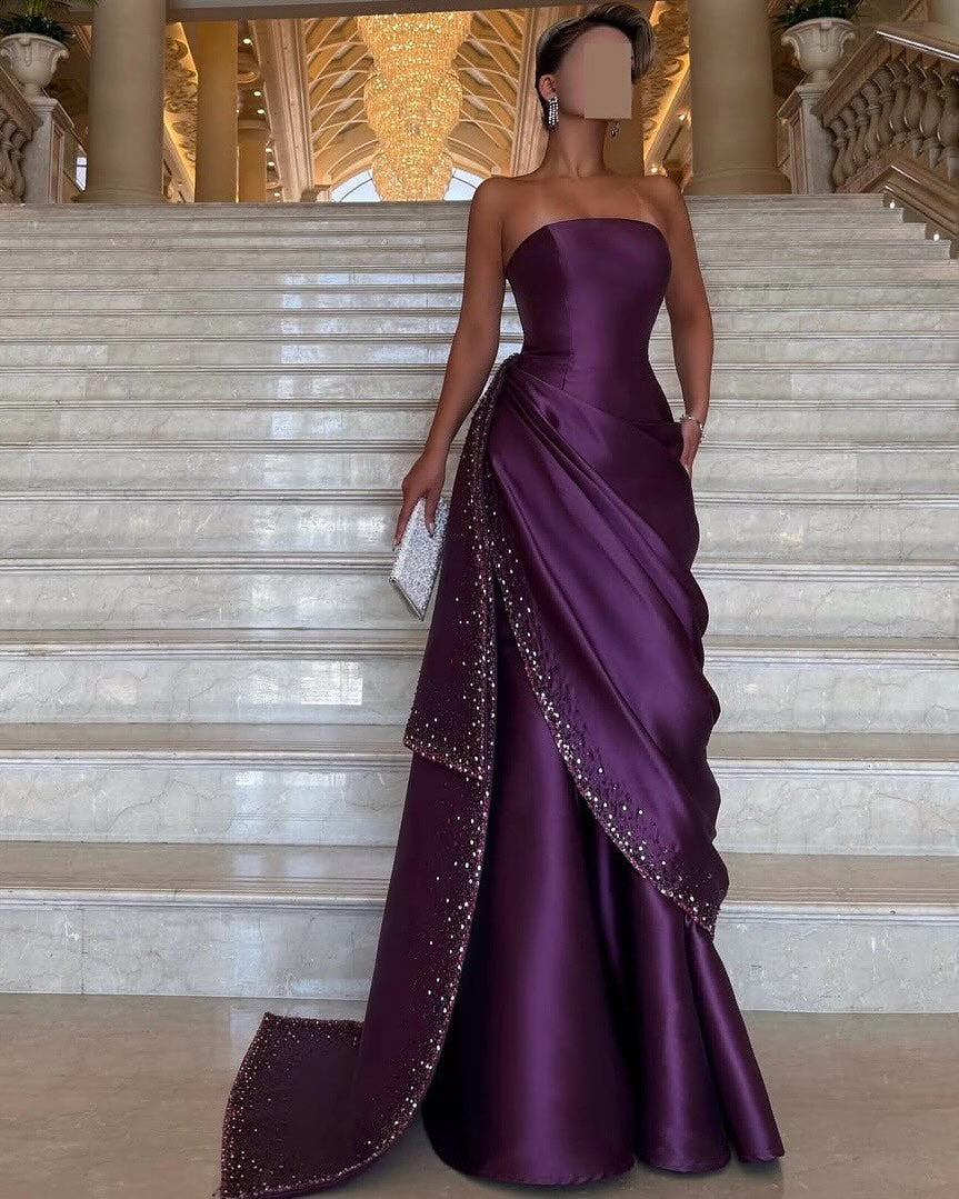 Luxury Purple Ruffles Crystal Evening Dress with Overskirt SF202