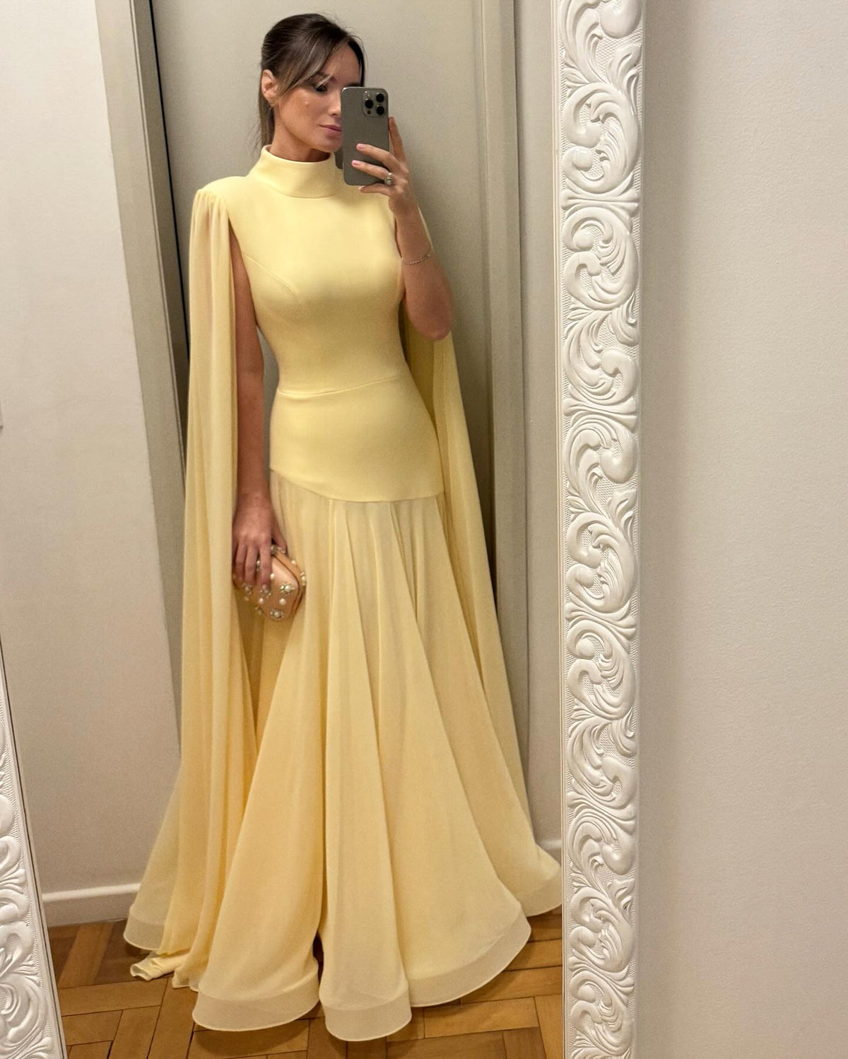 Elegant Yellow Lotus Leaf Folds Evening Dress with  Cape Sleeve SF046