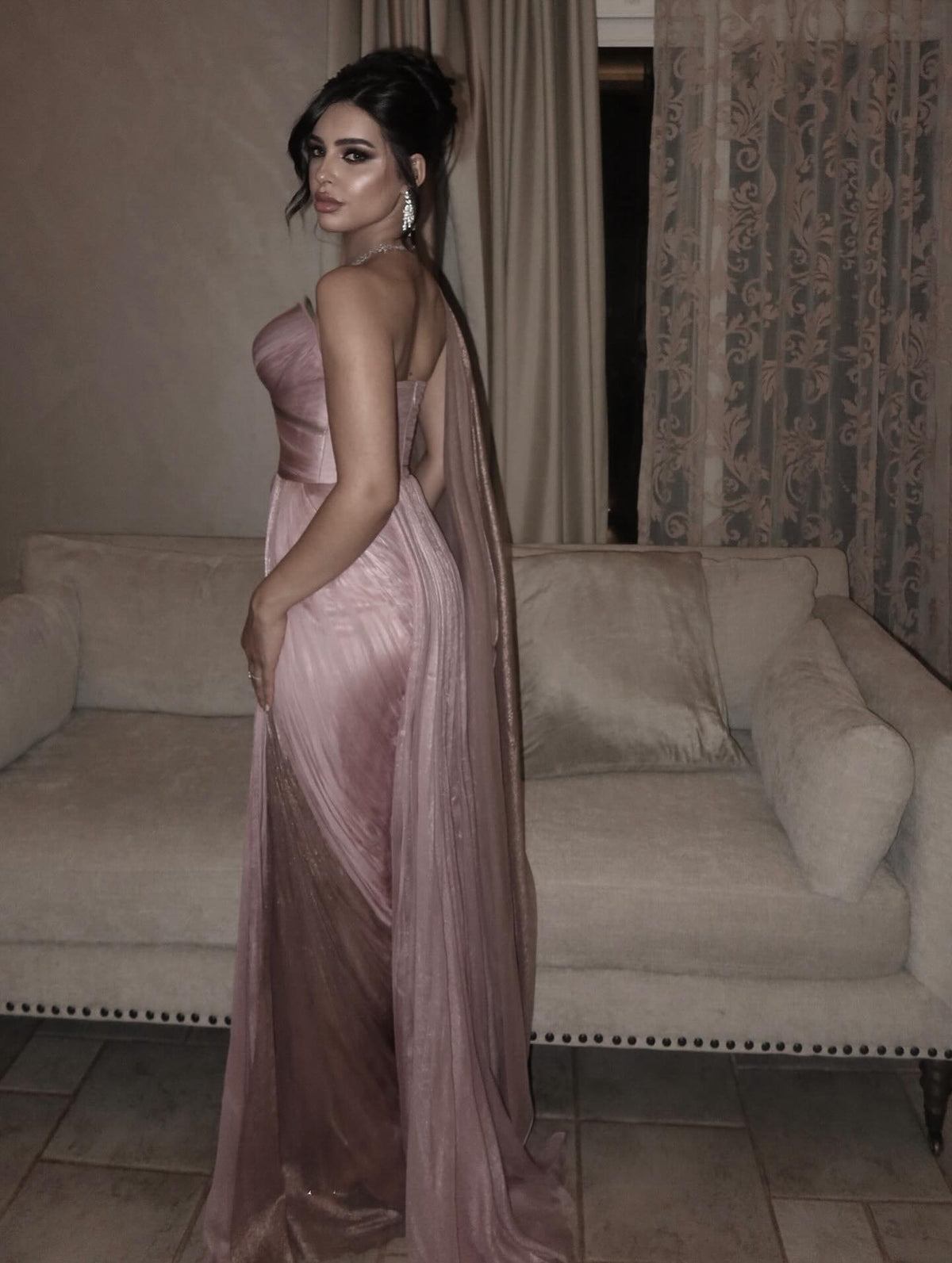 Luxury Light Pink Draped Evening Dress with cap SF028