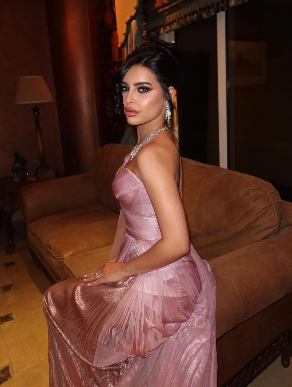 Luxury Light Pink Draped Evening Dress with cap SF028