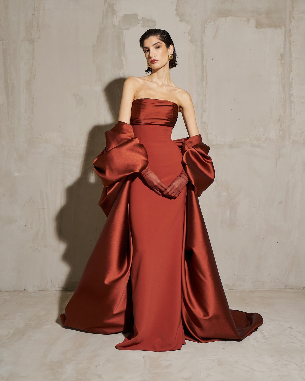 Elegant Rust Red Dramatic Sleeves Evening Dress with Gloves SF490