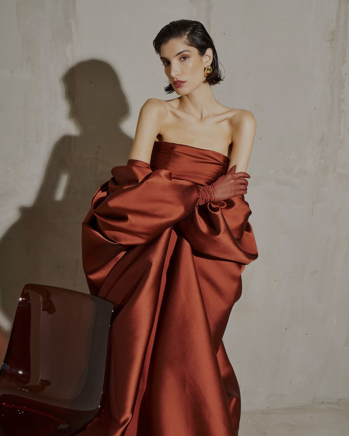 Elegant Rust Red Dramatic Sleeves Evening Dress with Gloves SF490