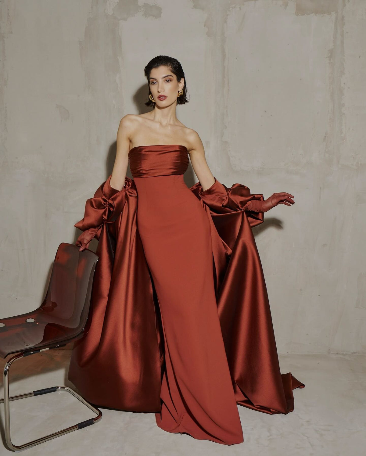 Elegant Rust Red Dramatic Sleeves Evening Dress with Gloves SF490