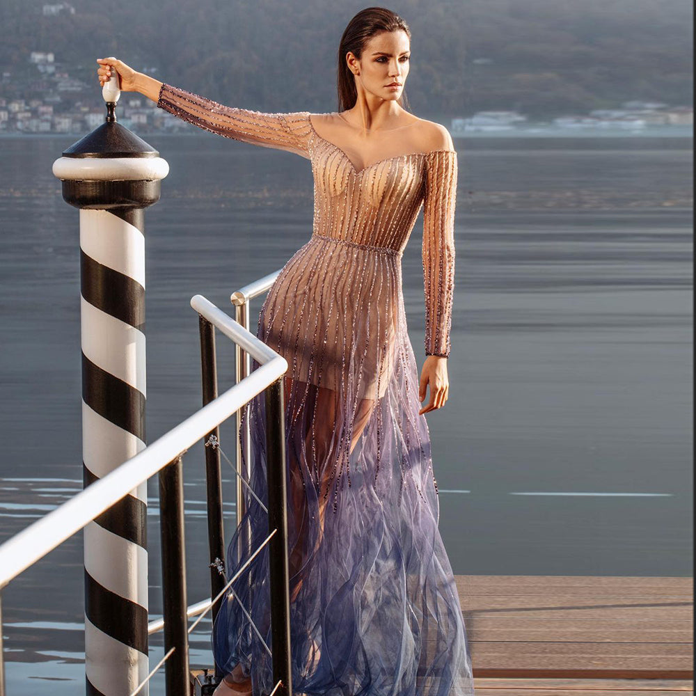 Luxury Beaded Gradient Long Sleeve A-Line Evening Dress SS328