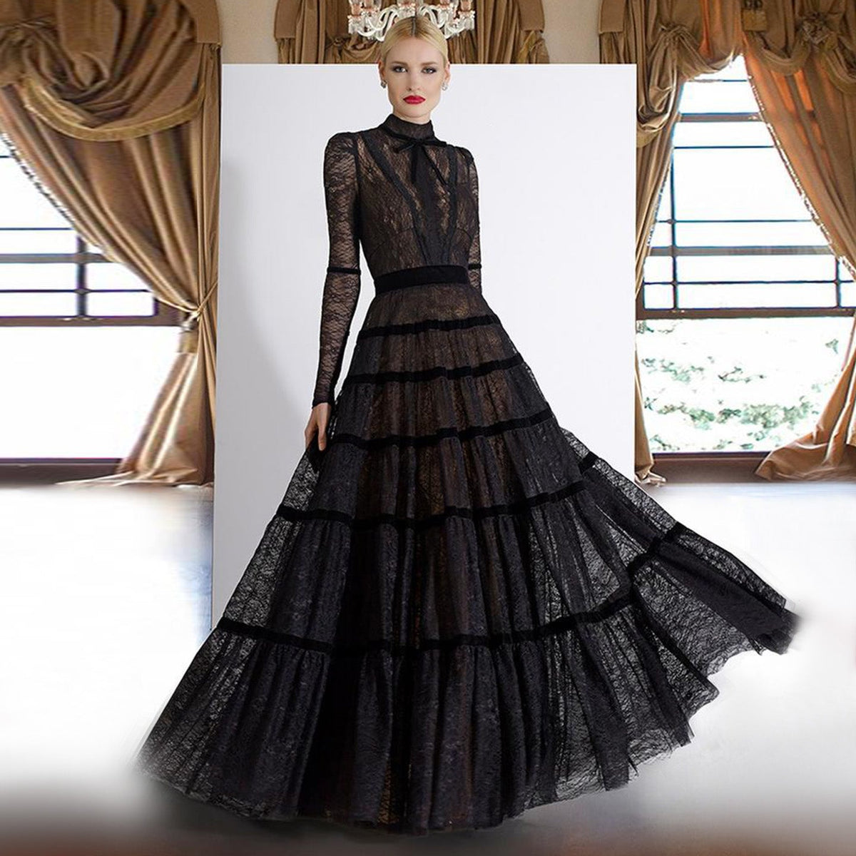 Elegant Black Long Sleeves Tiered Lace A-line Evening Dress SF023