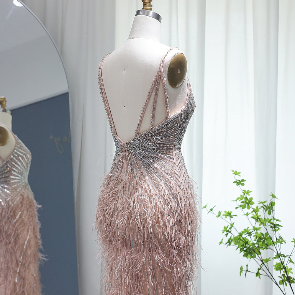 DreamyVow Luxury Beaded Mermaid Feathers Prom Dresses Sexy Spaghetti Straps Backless Rose Pink Evening Dress Arabic Formal Party Gown 004