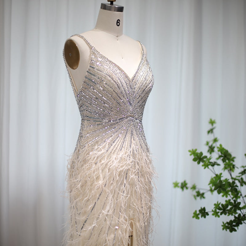 DreamyVow Luxury Beaded Mermaid Feathers Prom Dresses Sexy Spaghetti Straps Backless Rose Pink Evening Dress Arabic Formal Party Gown 004