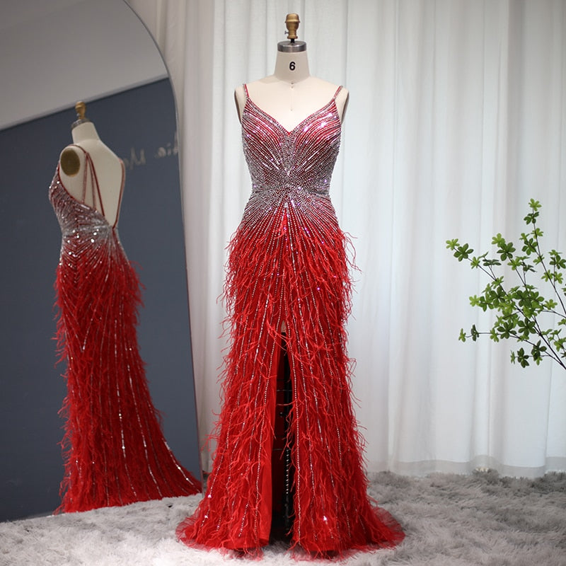 DreamyVow Luxury Beaded Mermaid Feathers Prom Dresses Sexy Spaghetti Straps Backless Rose Pink Evening Dress Arabic Formal Party Gown 004