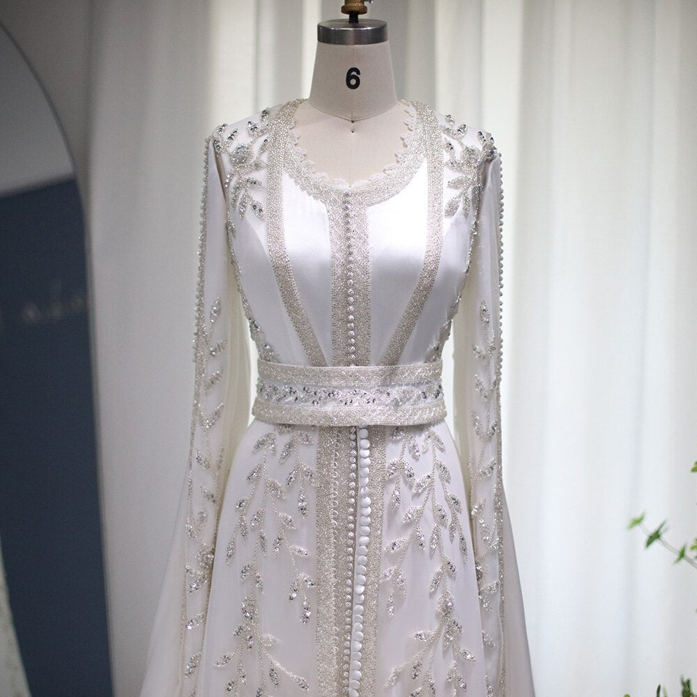 Dreamy Vow Luxury Dubai Moroccan Kaftan Ivory Evening Dresses for Women Wedding Party Elegant Long Sleeve Muslim Arabic Formal Dress 439